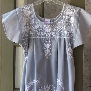 Nativa Embroidered Navy and White Striped Dress Large